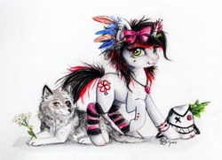 Size: 1024x741 | Tagged: safe, artist:lailyren, imported from derpibooru, oc, oc only, oc:bloody herb, pony, unicorn, wolf, bow, feather in hair, female, flower, leg warmers, mare, solo, traditional art