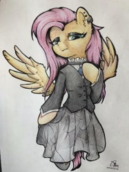 Size: 1600x2134 | Tagged: safe, artist:b_m, imported from derpibooru, fluttershy, pegasus, semi-anthro, clothes, female, fluttergoth, goth, solo, traditional art, wings