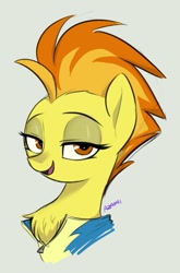 Size: 711x1078 | Tagged: safe, artist:azamiii, imported from derpibooru, spitfire, pegasus, pony, bedroom eyes, bust, chest fluff, clothes, female, looking at you, portrait, simple background, solo, uniform, wonderbolts uniform