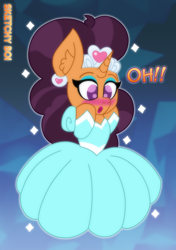 Size: 2400x3400 | Tagged: safe, artist:snakeythingy, imported from derpibooru, saffron masala, what lies beneath, blushing, clothes, clothes swap, dress, glow, glowing, gown, jewelry, princess, princess dress, story included, tiara