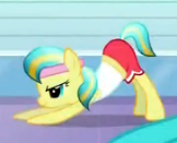 Size: 162x131 | Tagged: safe, imported from derpibooru, screencap, sunshine splash, crystal pony, earth pony, pony, games ponies play, ass up, athlete, clothes, cropped, female, mare, running, smiling, solo, stretching, sweatband