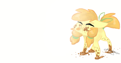 Size: 795x412 | Tagged: safe, artist:owllion, imported from derpibooru, oc, oc only, oc:golden delicious, earth pony, pony, blank flank, cute, eyes closed, female, filly, mud, muddy, muddy hooves, nose wrinkle, offspring, parent:big macintosh, parent:fluttershy, parents:fluttermac, pigtails, raspberry, simple background, solo, tongue out, white background