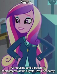 Size: 500x644 | Tagged: safe, edit, edited screencap, imported from derpibooru, screencap, princess cadance, equestria girls, friendship games, caption, cropped, dean cadance, female, food, hand on hip, home alone 2: lost in new york, image macro, imgflip, meme, peetzer, pizza, solo, text, that pony sure does love pizza