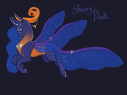 Size: 1600x1200 | Tagged: safe, artist:owllion, imported from derpibooru, oc, oc only, oc:starry dusk, alicorn, changedling, changeling, changepony, hybrid, pony, black background, changedling oc, changeling oc, ethereal mane, eyes closed, female, horn, horn jewelry, horns, insect wings, interspecies offspring, jewelry, mare, offspring, parent:princess luna, parent:thorax, parents:thuna, simple background, solo, starry mane, tail jewelry, wing jewelry, wings