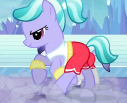 Size: 487x394 | Tagged: safe, imported from derpibooru, screencap, periwinkle pace, rapid rush, crystal pony, earth pony, pony, games ponies play, athlete, clothes, cropped, female, male, mare, running, smiling, solo, stallion