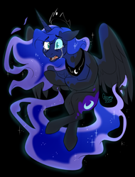 Size: 950x1250 | Tagged: safe, artist:cosmalumi, artist:its-gloomy, imported from derpibooru, nightmare moon, princess luna, alicorn, pony, black background, crying, sharp teeth, simple background, solo, teeth, transformation