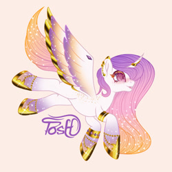 Size: 800x800 | Tagged: safe, artist:tosh03x, imported from derpibooru, princess celestia, alicorn, original species, pony, alternate hairstyle, art, art work, bracelet, colored, cute, digital art, ear piercing, earring, female, flat colors, full body, fullbody, gold, jewelry, missing accessory, piercing, pink, pink background, princess, simple background, solo, sun, wings
