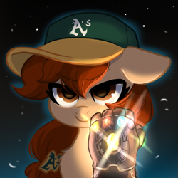 Size: 677x677 | Tagged: safe, artist:colorfulcolor233, artist:oofycolorful, imported from derpibooru, oc, oc only, oc:vanilla creame, baseball cap, cap, fist, glow, glowing, hat, infinity gauntlet, infinity stones, oakland athletics, simple background, space, space background