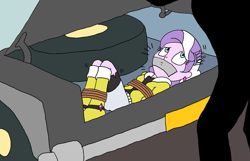 Size: 1311x845 | Tagged: safe, artist:bugssonicx, imported from derpibooru, diamond tiara, equestria girls, accessories, accessory, bondage, boots, bound and gagged, car, clothes, diamondsub tiara, ear piercing, earring, female, femsub, gag, jacket, jewelry, kidnapped, offscreen character, peril, piercing, scared, shirt, shoes, skirt, solo focus, spare tire, submissive, tape, tape gag, tied up, trunk, wheel