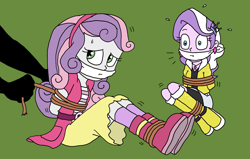 Size: 2228x1421 | Tagged: safe, artist:bugssonicx, imported from derpibooru, diamond tiara, sweetie belle, equestria girls, accessories, accessory, arm behind back, belt, bondage, boots, bound and gagged, cloth gag, clothes, diamondsub tiara, ear piercing, earring, female, femsub, gag, help us, jacket, jewelry, kidnapped, looking at someone, looking back, peril, piercing, scared, shirt, shoes, simple background, skirt, submissive, sweat, sweetiesub, tied up, tying