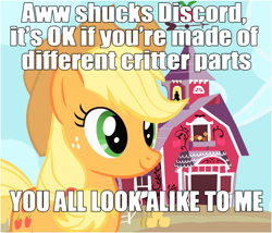 Size: 786x672 | Tagged: safe, edit, edited screencap, imported from derpibooru, screencap, applejack, earth pony, pony, friendship is magic, applejack's hat, caption, cowboy hat, critter parts, definitely not racist, female, friendship, hat, image macro, implied discord, love and tolerate, mare, mouthpiece, out of character, racism, racist barn, solo, sweet apple acres, sweet apple acres barn, text