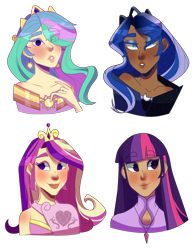 Size: 2000x2603 | Tagged: safe, artist:garliccrusher08, imported from derpibooru, princess cadance, princess celestia, princess luna, twilight sparkle, human, alternate hairstyle, blushing, clothes, crown, dark skin, dress, ear piercing, earring, eyeshadow, female, hair over one eye, humanized, jewelry, lipstick, makeup, necklace, piercing, regalia, royal sisters, simple background, transparent background