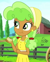 Size: 850x1050 | Tagged: safe, artist:rjp.rammy, imported from derpibooru, apple brown betty, human, equestria girls, apple brown betty (food), apple family member, barn, clothes, cottagecore, curly hair, cute, dress, ear piercing, earring, eating, equestria girls-ified, farm, female, food, hat, jewelry, piercing, pigtails, solo