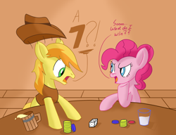 Size: 1740x1336 | Tagged: safe, artist:notadeliciouspotato, imported from derpibooru, braeburn, pinkie pie, earth pony, pony, atg 2020, beyond the impossible, cider, cider mug, clothes, cowboy hat, cup, dialogue, dice, dreamworks face, duo, female, frown, hat, hoof on chin, male, mare, mug, newbie artist training grounds, open mouth, pinkie being pinkie, shocked, smiling, speech bubble, stallion, table, vest, water, wide eyes