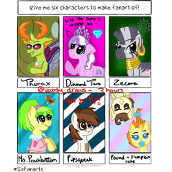 Size: 1080x1080 | Tagged: safe, artist:vassy.draws, imported from derpibooru, chickadee, diamond tiara, ms. peachbottom, pipsqueak, pound cake, pumpkin cake, thorax, zecora, bird, changedling, changeling, chicken, earth pony, pegasus, pony, unicorn, zebra, six fanarts, baby, baby pony, bow, bust, cake twins, clothes, colt, crying, diamond, ear piercing, earring, female, filly, freckles, grin, hair bow, hooves together, jewelry, king thorax, male, mare, neck rings, pacifier, piercing, raised hoof, siblings, smiling, text, tiara, twins, underhoof, upside down