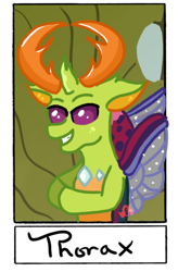 Size: 710x1080 | Tagged: safe, alternate version, artist:vassy.draws, imported from derpibooru, thorax, changedling, changeling, bust, grin, hooves together, king thorax, male, smiling, solo