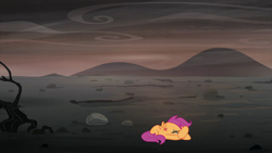 Size: 1280x720 | Tagged: safe, edit, edited screencap, editor:scootabuser, imported from derpibooru, screencap, scootaloo, pony, the cutie re-mark, alternate timeline, ashlands timeline, barren, crying, female, implied genocide, post-apocalyptic, scootalone, solo, wasteland