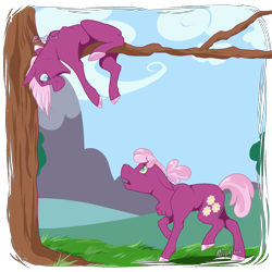 Size: 1800x1800 | Tagged: safe, artist:parrpitched, imported from derpibooru, cheerilee, jasmine leaf, pony, female, siblings, sisters, tree, tree branch