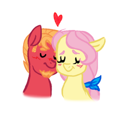 Size: 500x500 | Tagged: safe, artist:onedayhm, color edit, edit, imported from derpibooru, big macintosh, fluttershy, earth pony, pegasus, pony, alternate hairstyle, beard, blushing, colored, cropped, eyes closed, facial hair, female, fluttermac, hair tie, heart, male, mare, nuzzling, older, older big macintosh, older fluttershy, shipping, simple background, solo, stallion, straight, upscaled, white background