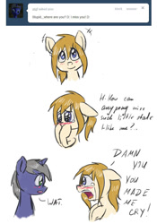 Size: 700x1000 | Tagged: safe, artist:askponybrandenburg, imported from derpibooru, pegasus, pony, unicorn, ask, blushing, brandenburg, confused, crying, dialogue, female, hetalia, mare, open mouth, ponified, tumblr