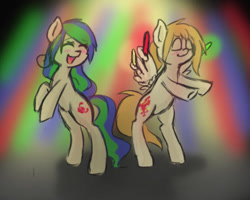 Size: 500x400 | Tagged: safe, artist:askponybrandenburg, imported from derpibooru, earth pony, pegasus, pony, :d, bipedal, brandenburg, dancing, duo, eyes closed, female, glowstick, hetalia, mare, open mouth, ponified, rearing, smiling, wing hands, wings