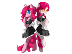 Size: 1600x1200 | Tagged: safe, artist:tomat-in-cup, imported from derpibooru, pinkie pie, oc, oc:cotton candy, earth pony, pony, bipedal, blushing, clothes, duo, female, maid, mare, simple background, transparent background