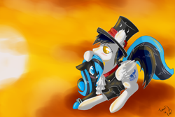 Size: 2400x1600 | Tagged: safe, artist:tomat-in-cup, imported from derpibooru, oc, oc only, pegasus, pony, cloud, duo, hat, on a cloud, pegasus oc, petting, top hat, wings