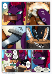 Size: 2480x3508 | Tagged: safe, artist:dsana, imported from derpibooru, fizzlepop berrytwist, tempest shadow, oc, oc:thistledown, earth pony, pony, unicorn, comic:a storm's lullaby, comic, damascus steel, misspelling