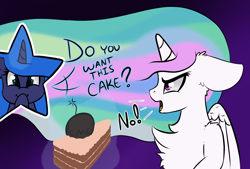 Size: 1256x847 | Tagged: safe, artist:llametsul, imported from derpibooru, princess celestia, princess luna, alicorn, pony, angry, atg 2020, bomb, cake, chest fluff, do not want, do you want this cake, ear fluff, female, floppy ears, food, hoof over mouth, horn, magic, magic aura, mare, newbie artist training grounds, prank, subtle as a train wreck, weapon, wings