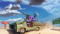 Size: 1920x1080 | Tagged: safe, artist:smg11-on-ddjrb, artist:smg11ddj, imported from derpibooru, starlight glimmer, trixie, pony, unicorn, armored pony, cloud, concept art, desert, duo, female, gun, mare, military, scenery, technical, truck, weapon