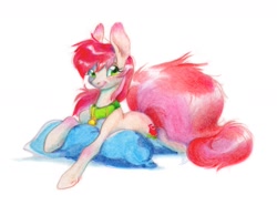 Size: 1720x1275 | Tagged: safe, artist:rapapaya, imported from derpibooru, roseluck, earth pony, pony, collar, commissioner:doom9454, cute, female, lying down, mare, pet tag, pillow, pony pet, prone, rosepet, simple background, solo, traditional art, white background