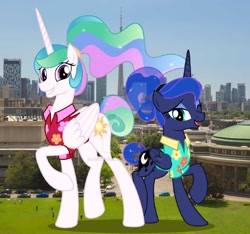 Size: 1280x1200 | Tagged: safe, artist:celestiaisbestponyyt, artist:jhayarr23, artist:princesslunayay, imported from derpibooru, princess celestia, princess luna, alicorn, human, pony, between dark and dawn, canada, car, city, clothes, cute, cutelestia, deviantart, deviantart watermark, female, giant ponies in real life, giant pony, giantess, giantlestia, hawaiian shirt, highrise ponies, holiday, irl, irl human, lunabetes, macro, mega celestia, mega luna, obtrusive watermark, photo, ponies in real life, royal sisters, shirt, siblings, sisters, toronto, watermark