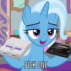 Size: 773x767 | Tagged: safe, edit, edited screencap, imported from derpibooru, screencap, trixie, pony, unicorn, a horse shoe-in, caption, cropped, female, hoof hold, horn, image macro, looking at you, mare, open mouth, sega genesis, solo, super nintendo, text, video game