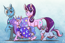 Size: 1616x1073 | Tagged: safe, artist:inuhoshi-to-darkpen, imported from derpibooru, starlight glimmer, trixie, oc, oc:mirage moon, oc:shooting star, pony, unicorn, cape, cheek fluff, clothes, ear fluff, eyes closed, female, filly, hat, hoof fluff, lesbian, magical lesbian spawn, mare, offspring, parent:starlight glimmer, parent:trixie, parents:startrix, raised hoof, shipping, startrix, trixie's cape, unshorn fetlocks