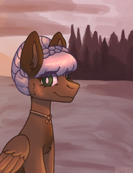 Size: 1622x2104 | Tagged: safe, artist:raya, imported from derpibooru, oc, oc only, oc:rosalie, pegasus, pony, bangs, beach, braid, commission, jewelry, looking at you, necklace, pegasus oc, scenery, solo, sunset, tree