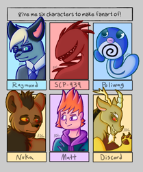 Size: 800x956 | Tagged: safe, artist:flakes-of-ash, imported from derpibooru, discord, anthro, big cat, cat, draconequus, lion, poliwag, six fanarts, bust, clothes, crossover, eddsworld, glasses, heterochromia, lion king 2 simba's pride, male, matt, matt (eddsworld), necktie, nuka, pokémon, raymond, scp, scp-939