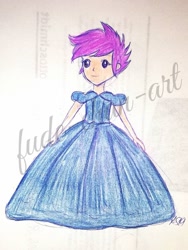 Size: 1024x1365 | Tagged: safe, artist:fude-chan-art, imported from derpibooru, scootaloo, equestria girls, cinderella, clothes, dress, female, gown, solo, tomboy taming, traditional art, watermark