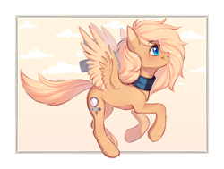 Size: 3480x2634 | Tagged: safe, artist:roole, imported from derpibooru, oc, oc only, oc:mirta whoowlms, pegasus, pony, blue eyes, clothes, flying, high res, messy mane, pegasus oc, profile, running, scarf, simple background, smiling, wings