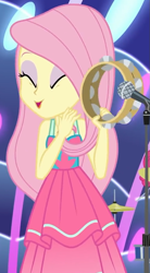 Size: 545x985 | Tagged: safe, imported from derpibooru, screencap, fluttershy, equestria girls, equestria girls series, spring breakdown, spoiler:eqg series (season 2), all good (song), cropped, cute, eyes closed, eyeshadow, female, makeup, microphone, musical instrument, shyabetes, singing, sleeveless, tambourine