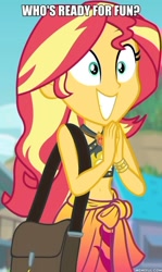 Size: 600x1005 | Tagged: safe, edit, edited screencap, imported from derpibooru, screencap, sunset shimmer, equestria girls, equestria girls series, forgotten friendship, bag, belly button, bikini, caption, clothes, cropped, female, geode of empathy, image macro, magical geodes, memeful.com, sarong, smiling, solo, swimsuit, text