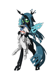 Size: 1200x1600 | Tagged: safe, artist:tomat-in-cup, imported from derpibooru, queen chrysalis, oc, changeling, changeling queen, pegasus, pony, zebra, bipedal, blushing, duo, eyes closed, female, holding a pony, pegasus oc, simple background, smiling, transparent background, wings