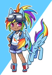 Size: 560x800 | Tagged: safe, artist:ohuonn89, imported from derpibooru, kotobukiya, rainbow dash, human, pegasus, pony, chibi, cute, dark skin, dashabetes, female, flying, goggles, human ponidox, humanized, kotobukiya rainbow dash, mare, self ponidox, smiling