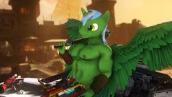 Size: 3840x2160 | Tagged: safe, artist:vladichslg, imported from derpibooru, oc, oc:green hit, alicorn, anthro, 3d, abs, alicorn oc, anthro oc, borderlands, bracelet, crossover, fetish, green skin, horn, jewelry, male, male nipples, muscle fetish, muscles, nipples, nudity, partial nudity, source filmmaker, vehicle, vein, weapon, wings