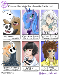 Size: 1005x1200 | Tagged: safe, artist:dra-aluxe, imported from derpibooru, princess luna, alicorn, bear, human, panda, pony, six fanarts, clothes, crossover, devil may cry, female, heterochromia, hollow knight, ice bear, jewelry, male, mare, open mouth, panda (we bare bears), pandora hearts, peytral, s1 luna, saint seiya, smiling, tiara, waving, we bare bears, white alice