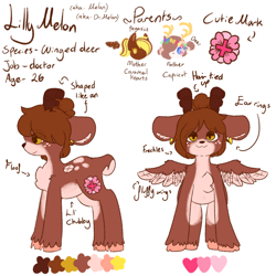 Size: 1024x1024 | Tagged: safe, artist:pugbrainey, imported from derpibooru, oc, oc:lilly melon, deer, deer pony, original species, peryton, body markings, brown mane, chubby, colored hooves, colored wings, cutie mark, ear piercing, earring, fluffy, jewelry, parent:capricot, parent:caramel hearts, piercing, reference sheet, simple background, white background, wings