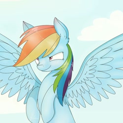 Size: 1080x1080 | Tagged: safe, artist:princessesmeraldaofficial, imported from derpibooru, rainbow dash, pegasus, pony, bust, cloud, female, smiling, solo, spread wings, wings