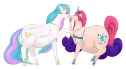 Size: 1280x699 | Tagged: safe, artist:soobel, imported from derpibooru, princess amore, princess celestia, alicorn, pony, unicorn, accessories, accessory, angry, atg 2020, belly, big belly, celestia is not amused, chubbylestia, duo, duo female, fat, female, flowing mane, jewelry, long mane, long tail, mare, messy, newbie artist training grounds, obese, pointing, regalia, simple background, tiara, unamused, white background