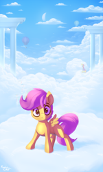 Size: 2400x4000 | Tagged: safe, artist:kridershot, imported from derpibooru, derpy hooves, rainbow dash, scootaloo, pegasus, pony, blank flank, cloud, cloudsdale, female, filly, hot air balloon, looking at you, mare, on a cloud, solo focus