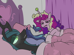 Size: 1034x762 | Tagged: safe, artist:jargon scott, imported from derpibooru, princess cadance, queen chrysalis, shining armor, alicorn, changeling, changeling queen, pony, unicorn, ah yes me my girlfriend and her x, ball, bed, bed mane, bisexual, chrysarmordance, cover, female, glowing eyes, hilarious in hindsight, horn, horn guard, horn impalement, hornball, lesbian, male, meme, polyamory, ponified meme, shipping, shit eating grin, story in the comments, straight, tennis ball, this will end in death, this will end in pain, this will not end well