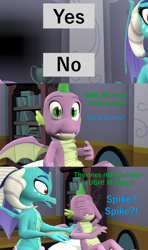 Size: 1920x3240 | Tagged: safe, artist:papadragon69, imported from derpibooru, princess ember, spike, dragon, comic:spike's cyosa, 3d, choice, choose your own adventure, comic, cyoa, dialogue, emberspike, female, fourth wall, he knows, looking at you, male, no, offscreen character, older, older spike, pov, school of friendship, sfm pony, shipping, source filmmaker, straight, teenage spike, teenager, uh oh, winged spike, wings, yes